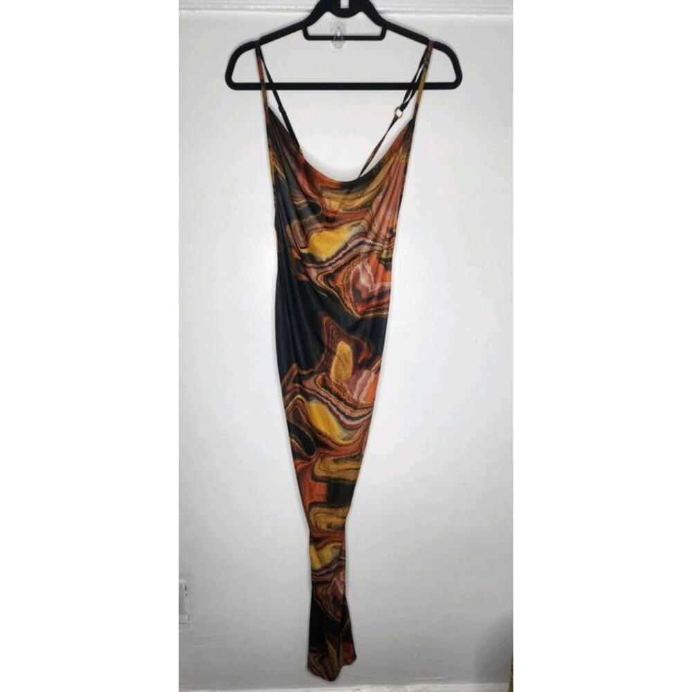 IconSwim Dress Womens XS Brown Orange Mesh Marble Print Cowl Maxi Bodycon Sheer